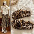 Trendy fuzzy slippers for women - winter fashion leopard print, home & outdoor wear, non-slip soft sole, plush warm one-strap cotton slippers