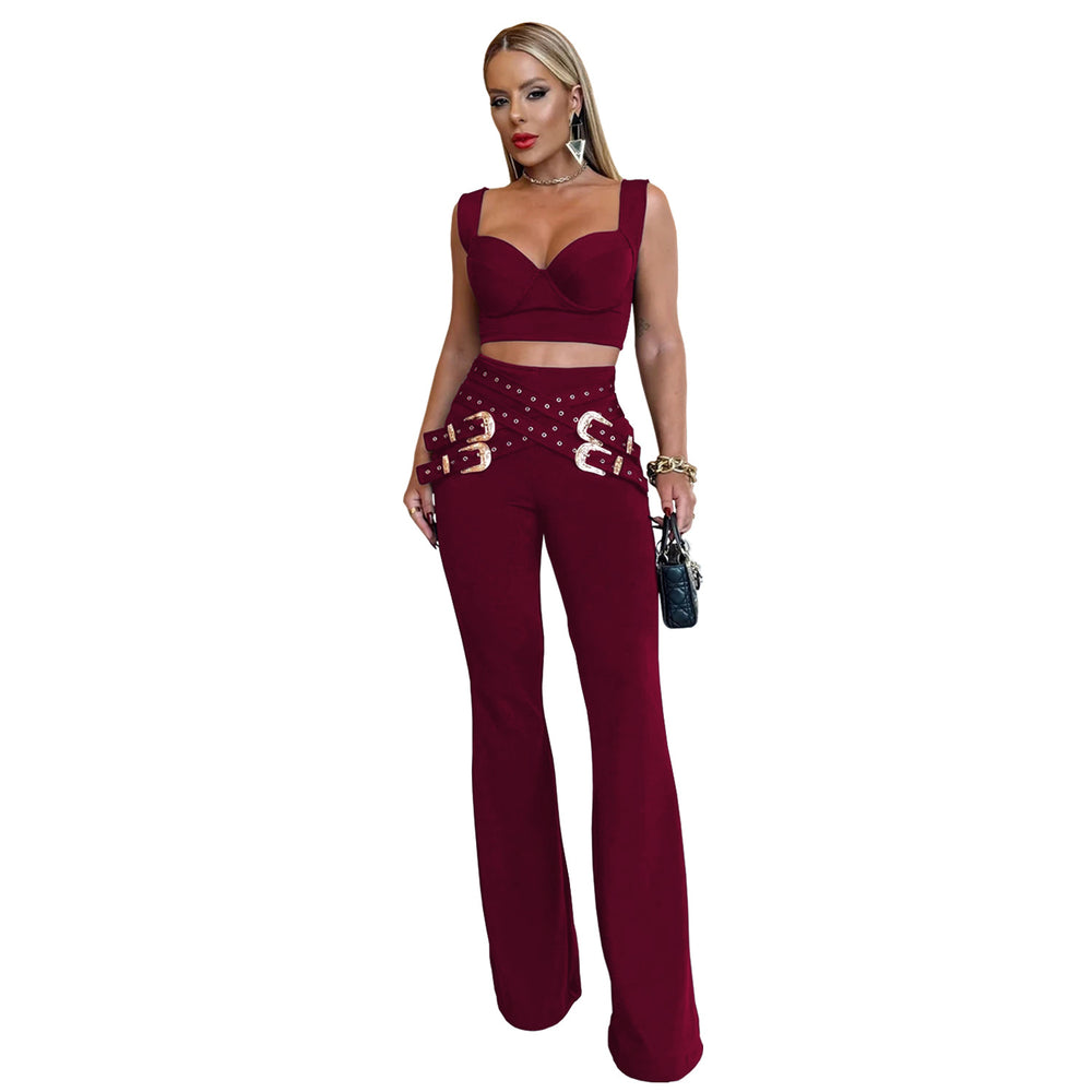 C7540 cross-border   fashion women's sexy casual eyelet button top and pants set