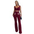C7540 cross-border   fashion women's sexy casual eyelet button top and pants set