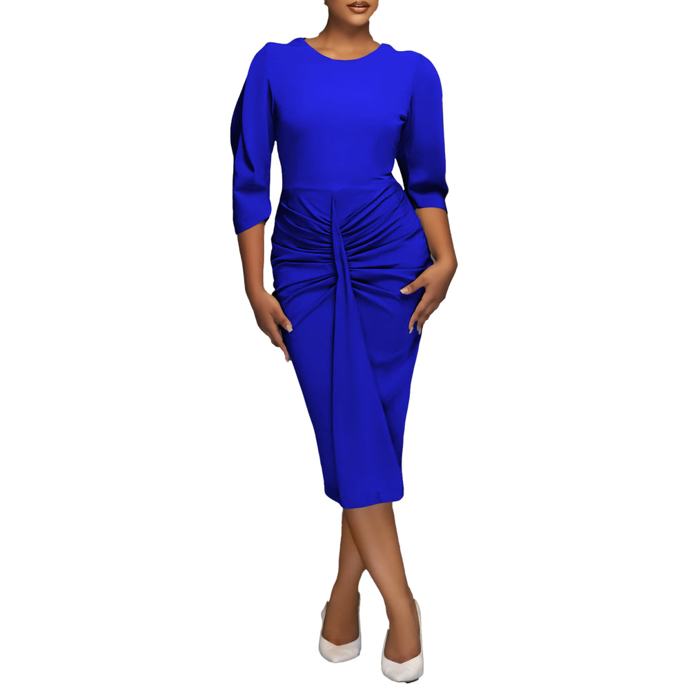 Amazon new arrivalsummer round neck pure color hip-covering pleated ol tongle fashionelegant pencil skirt africandress