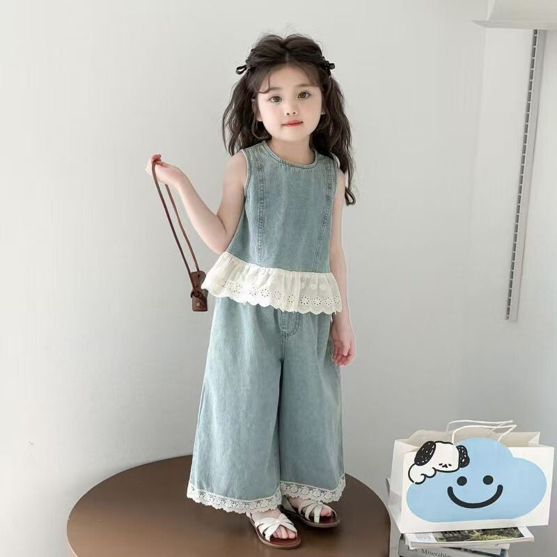 【dropshipping】girls' summer denim outfit  new style sleeveless trendy two-piece set for little girls