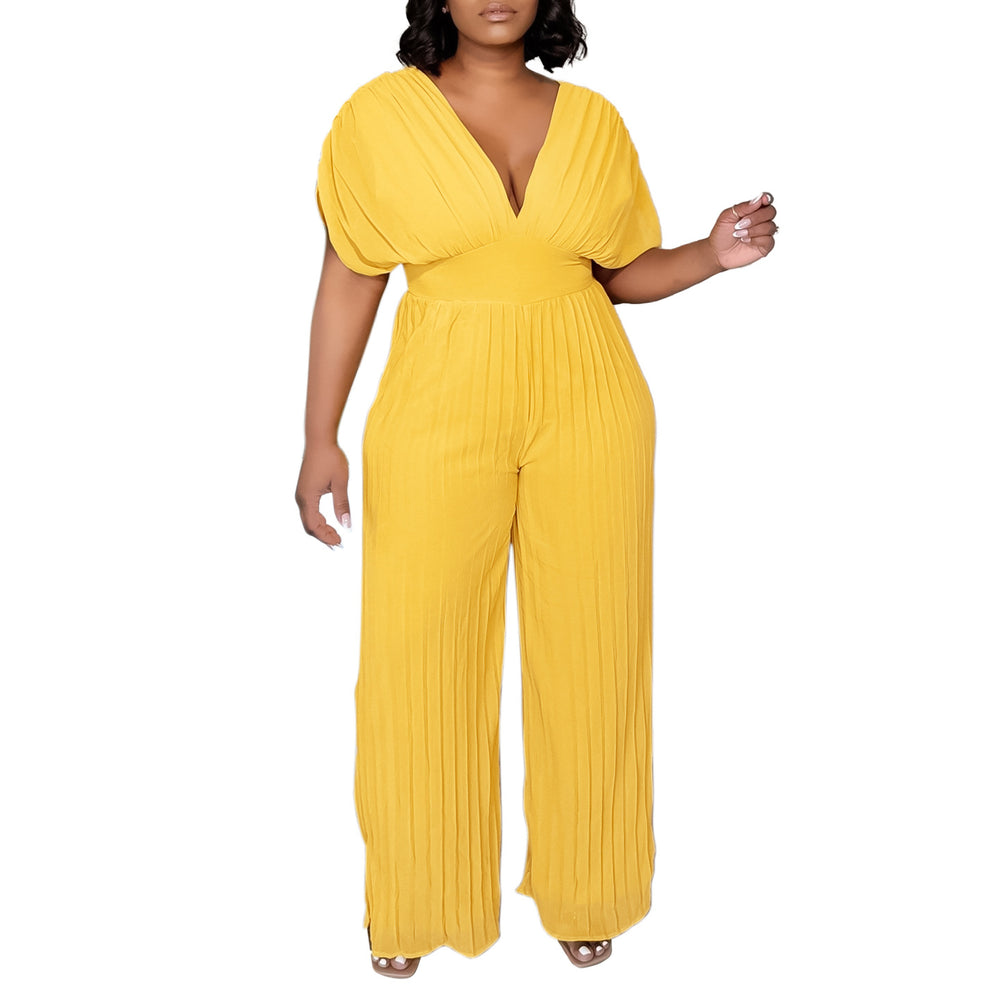 D3302  independent station foreign trade  new women's european and american cross-border sexy v neck pure color pleated jumpsuit
