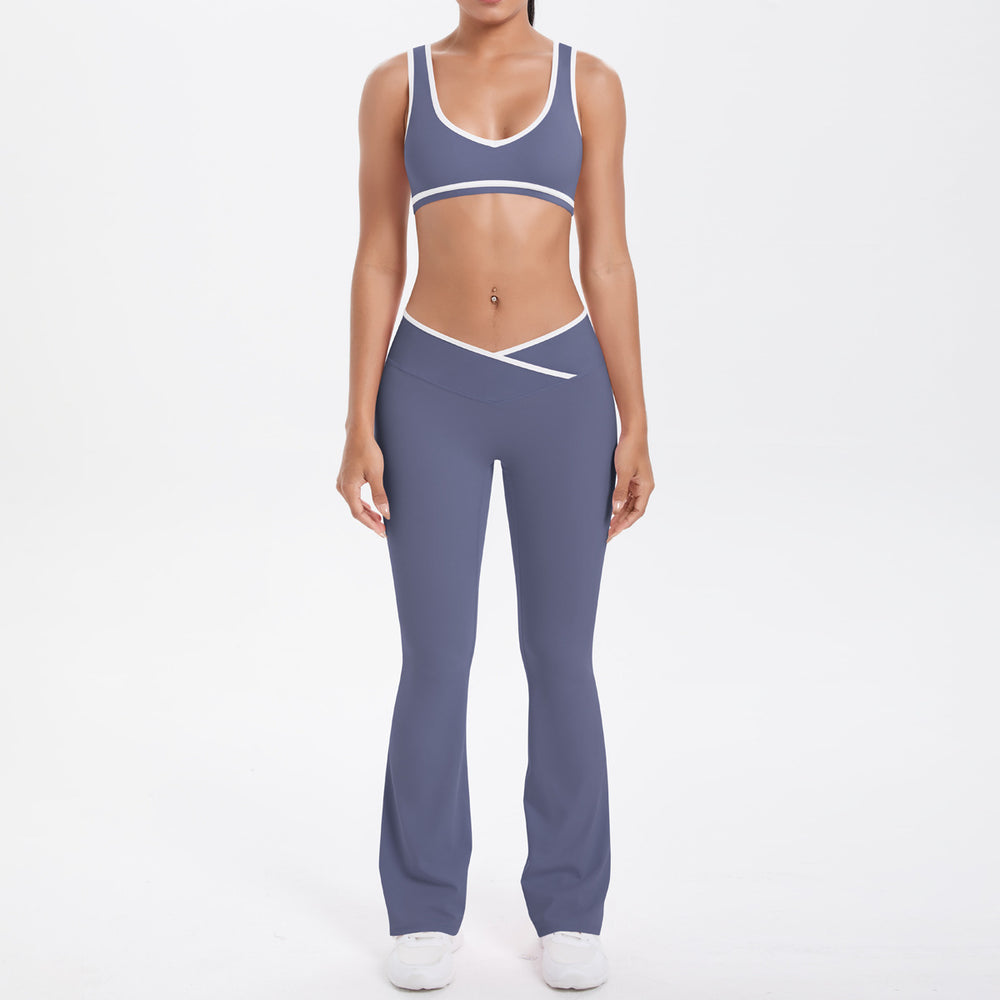 Cross high waist sports suit women's contrast color nude tight yoga clothes quick-drying breathable outdoor running fitness suit