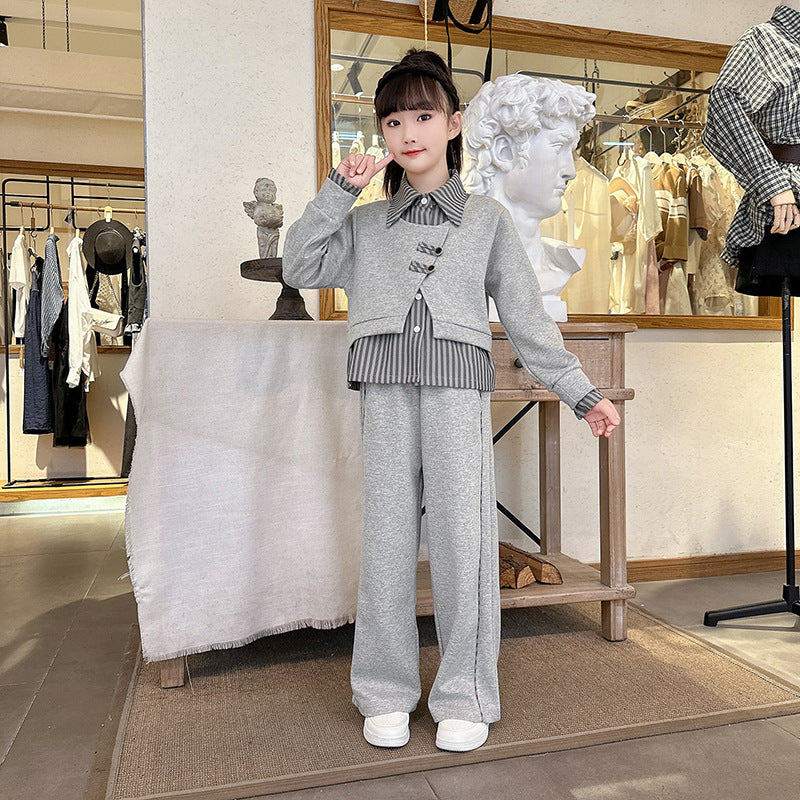 Girls' casual activewear set -  spring/autumn new arrival: stylish and trendy two-piece faux layered sweatshirt and wide-leg pants set