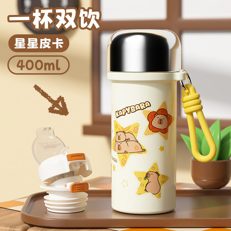 316 stainless steel high-style insulated tumbler - cute capybara design - kids' water bottle - portable handheld double-drink straw cup