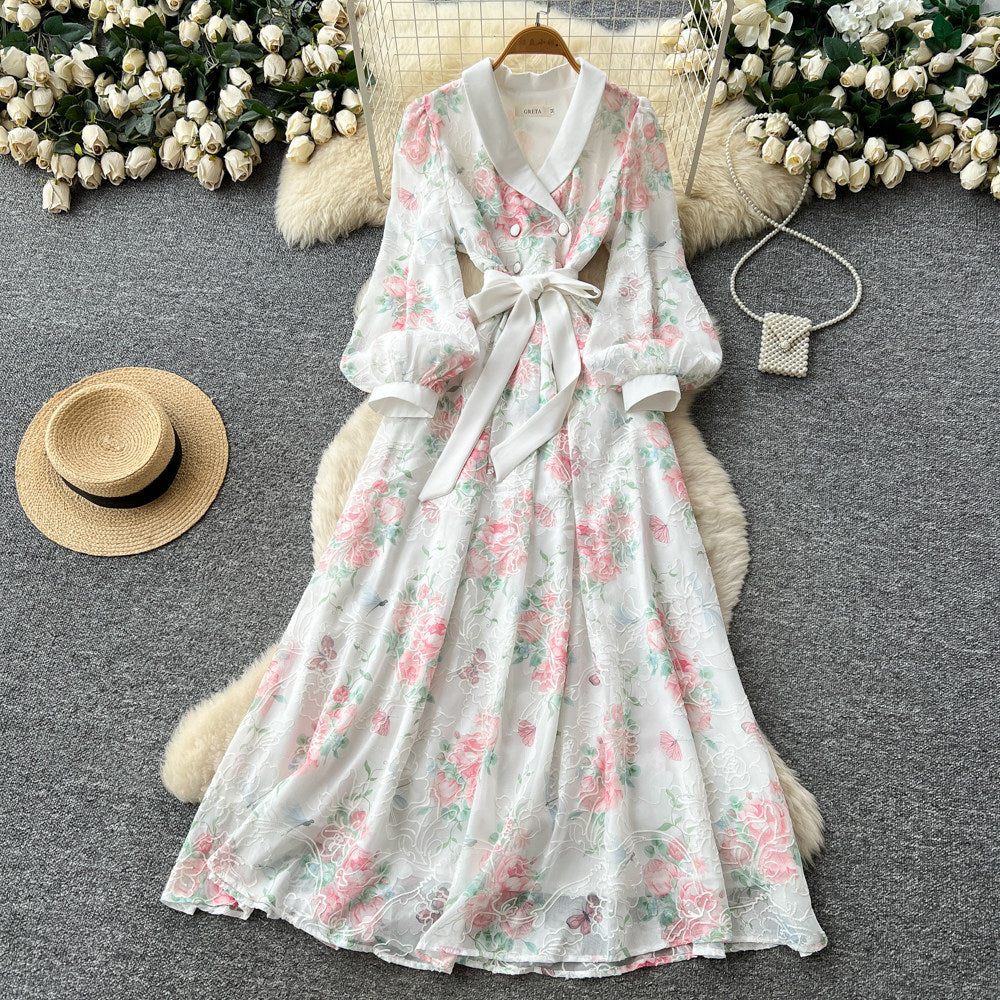 French sweet floral v-neck dress - women's early spring korean style long sleeve slimming a-line maxi dress - vacation ready