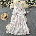 French sweet floral v-neck dress - women's early spring korean style long sleeve slimming a-line maxi dress - vacation ready