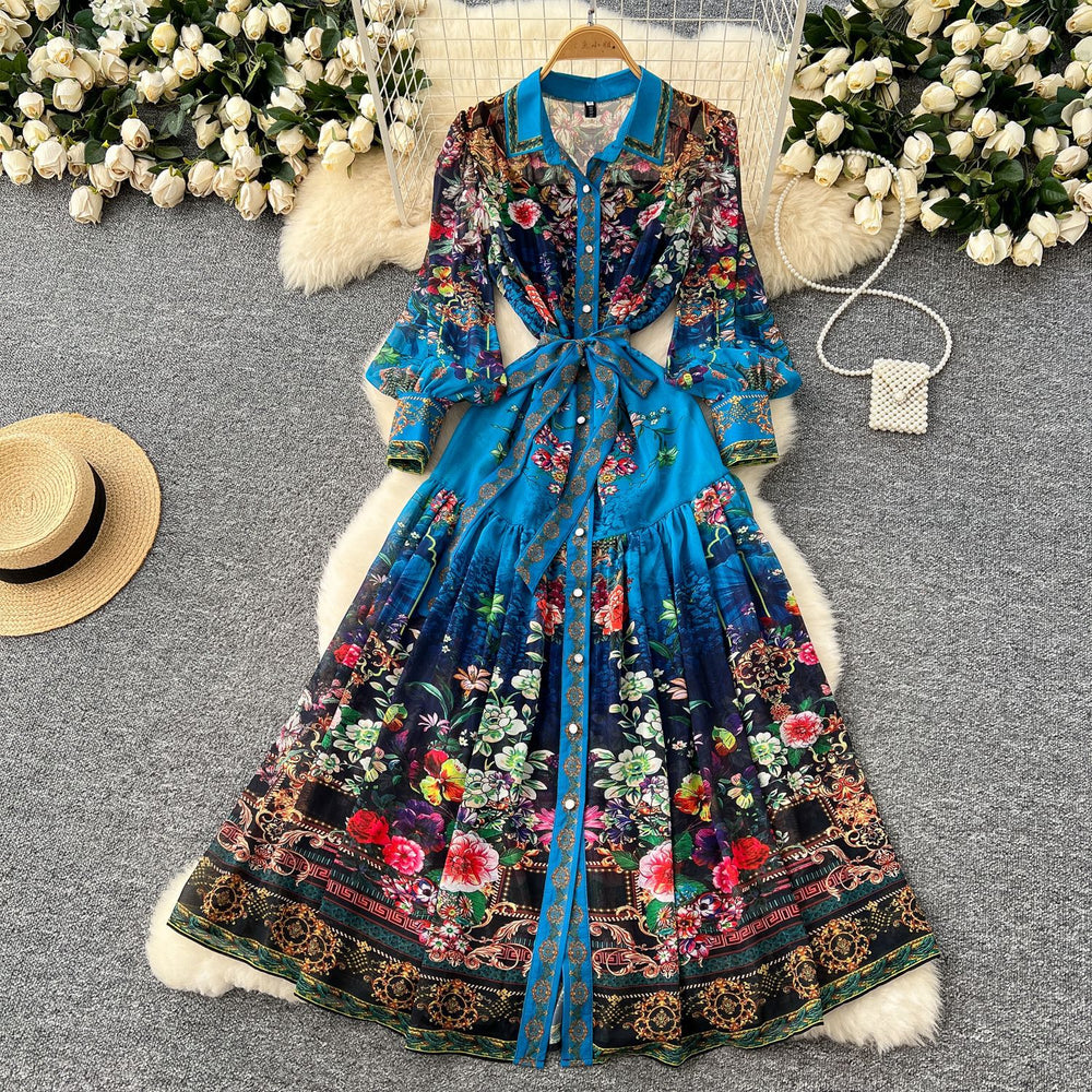European and american style court dress - women's vintage print, slimming waist, elegant print, pleated chiffon maxi dress