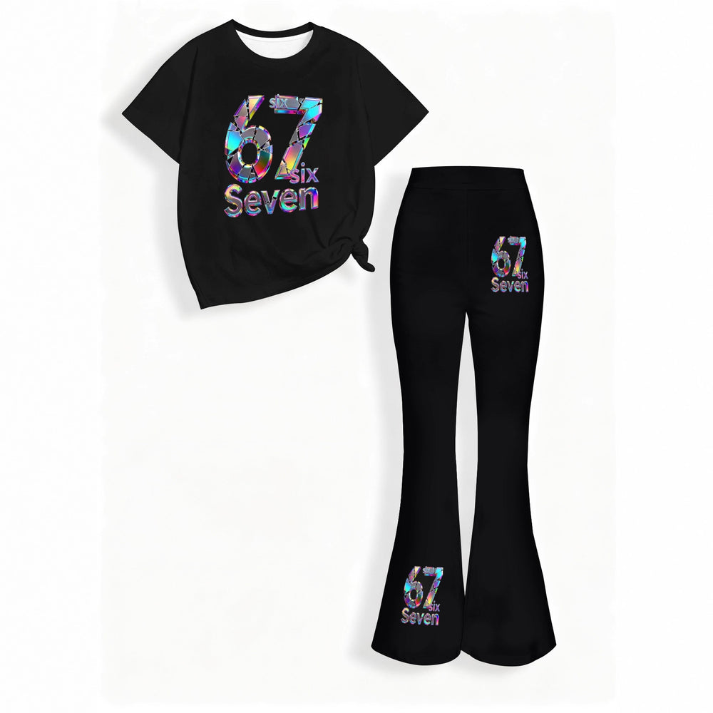 wholesale girls' flared pants set, fashionable spring, summer, and autumn 67 number short-sleeved long flared pants set for girls