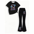 wholesale girls' flared pants set, fashionable spring, summer, and autumn 67 number short-sleeved long flared pants set for girls