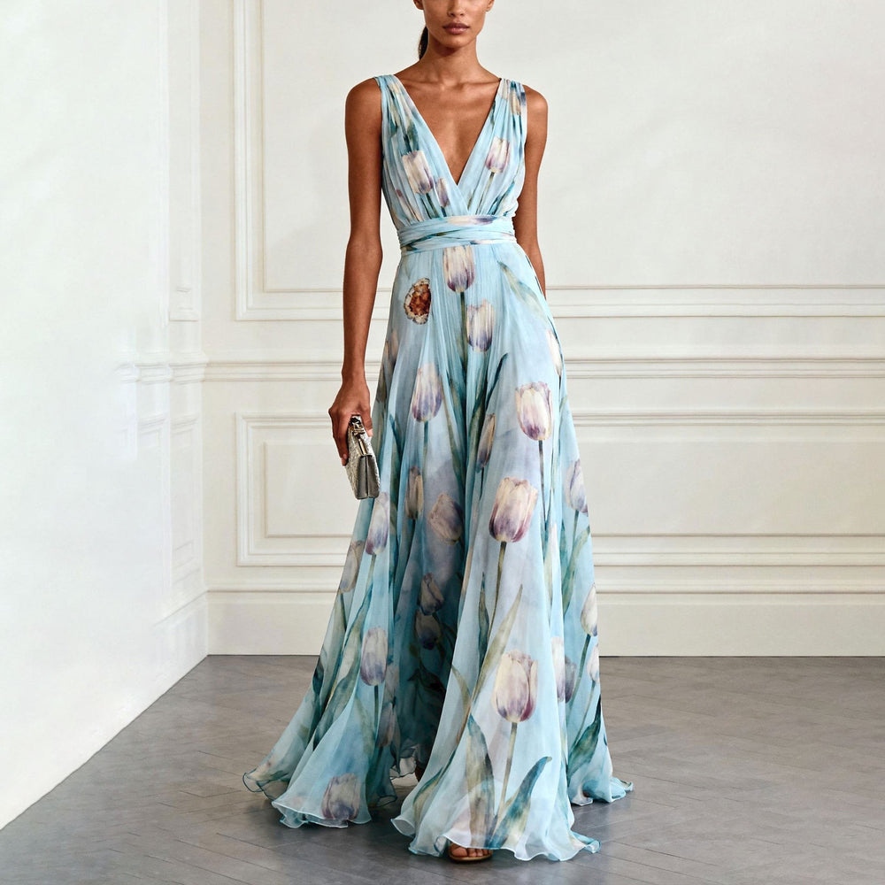 women's summer new arrivals: european and american style cross-border dress - elegant printed, waist-cinching v-neck dress