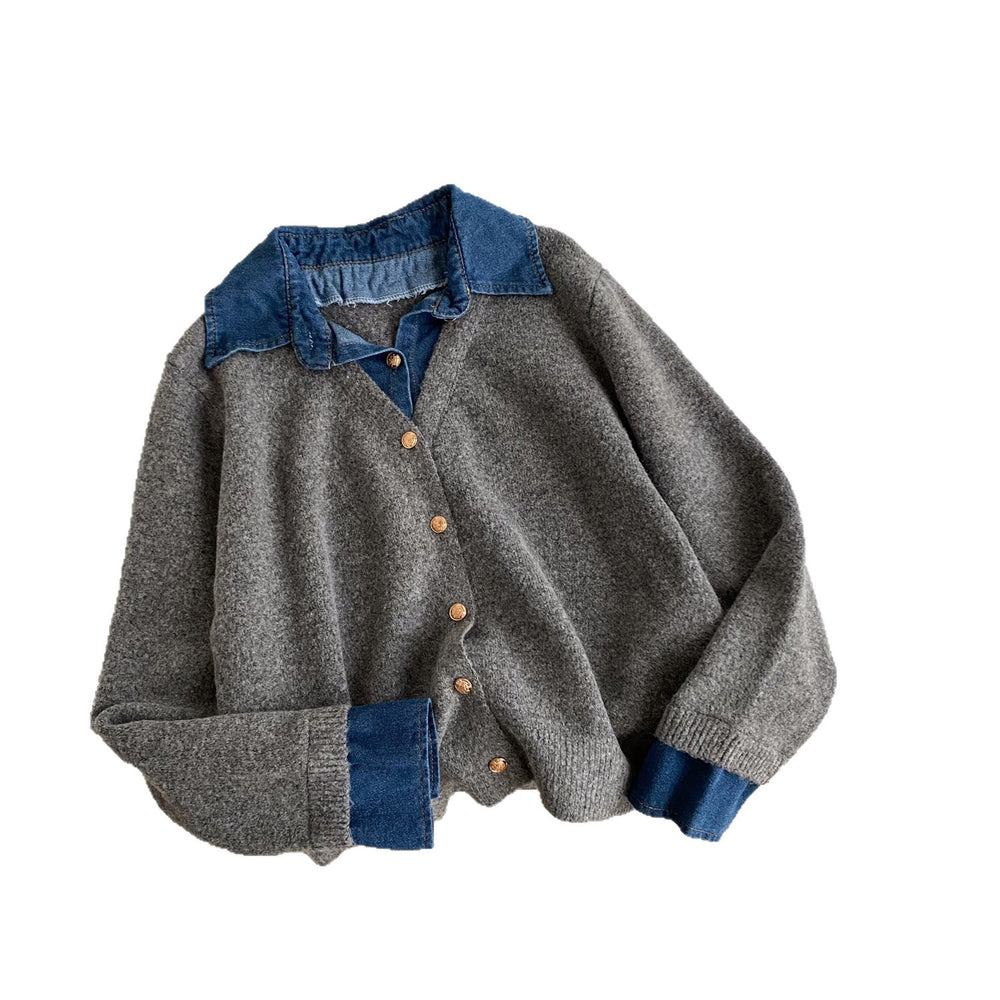 K-style denim patchworkfake two-piece knitting shirtsweater women's looseslimming lookwork clothing styletopsautumeasiest for match