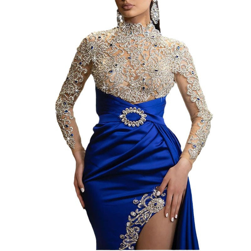 2025 spring/summer new arrivals: european and american style women's blue and gold splatter print crew neck dress - sexy patchwork evening gown maxi dress