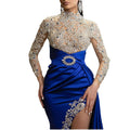 2025 spring/summer new arrivals: european and american style women's blue and gold splatter print crew neck dress - sexy patchwork evening gown maxi dress
