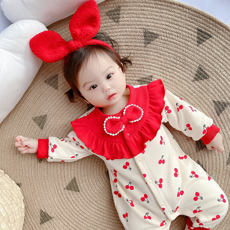 Spring autum baby infant cute princess style jumpsuit baby girl patchwork cherry style romper outing clothes