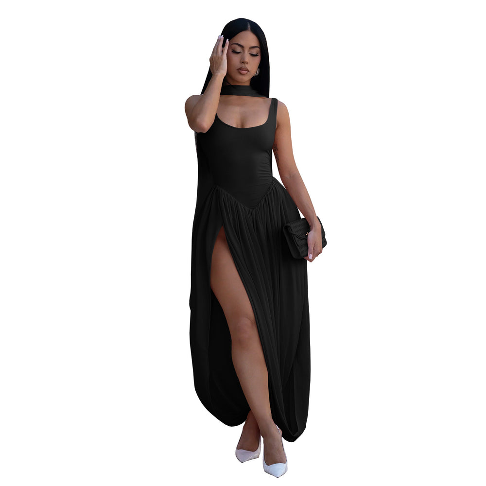 C7659 cross-border   fashion women's sexy solid color slit ribbon dress set
