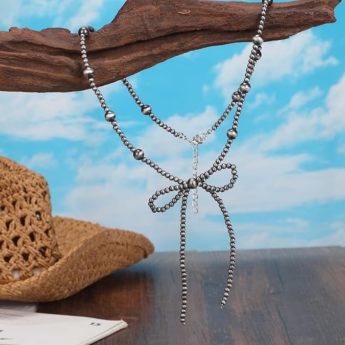 European and american cross-border jewelry amazon hot-selling bow necklace turquoise imitation pearl western cowboy style necklace