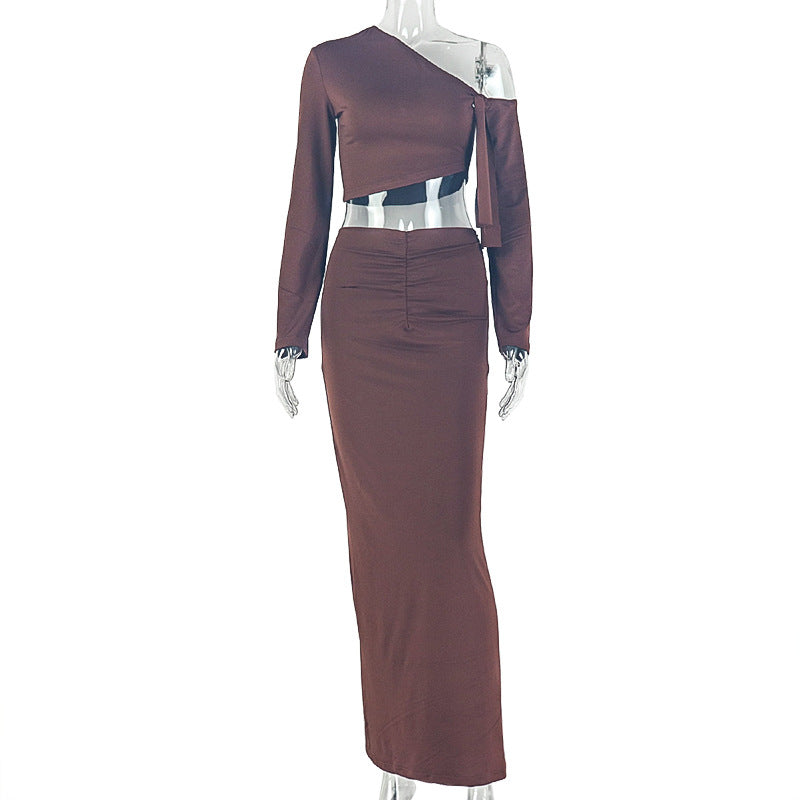 European and american style cross-border fashion women's pleated bodycon skirt set - solid color, asymmetrical neckline, long sleeve, one-shoulder tight dress