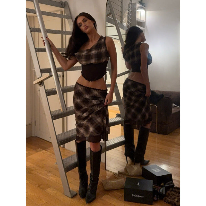 European and american women's clothing  summer new retro plaid asymmetrical neck mesh panel top and slim-fit midi skirt set