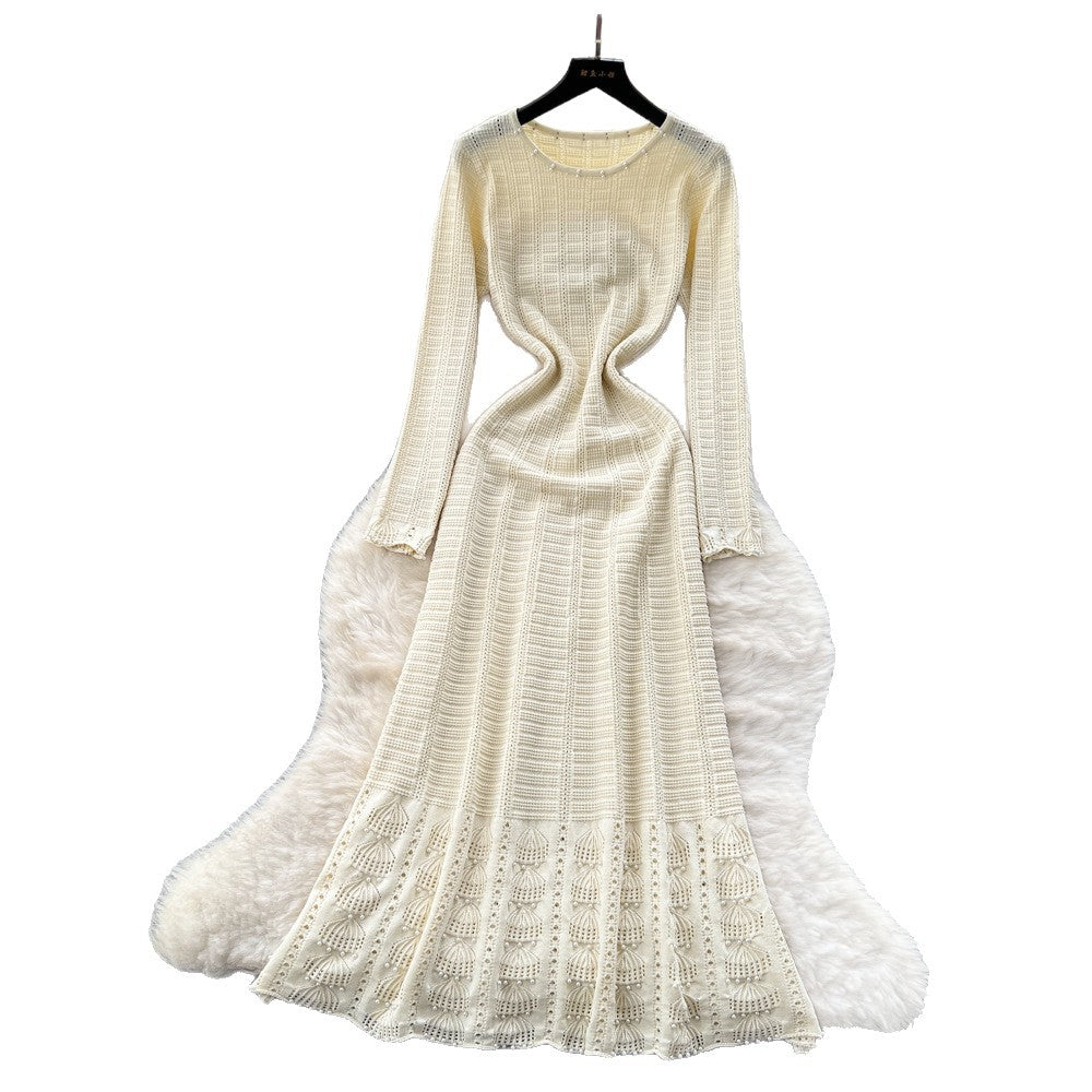 Xiaoxiangfengclassy sense of celebrity heavy industry beading round neck long sleevescut outknittingdress female waist inner long skirt