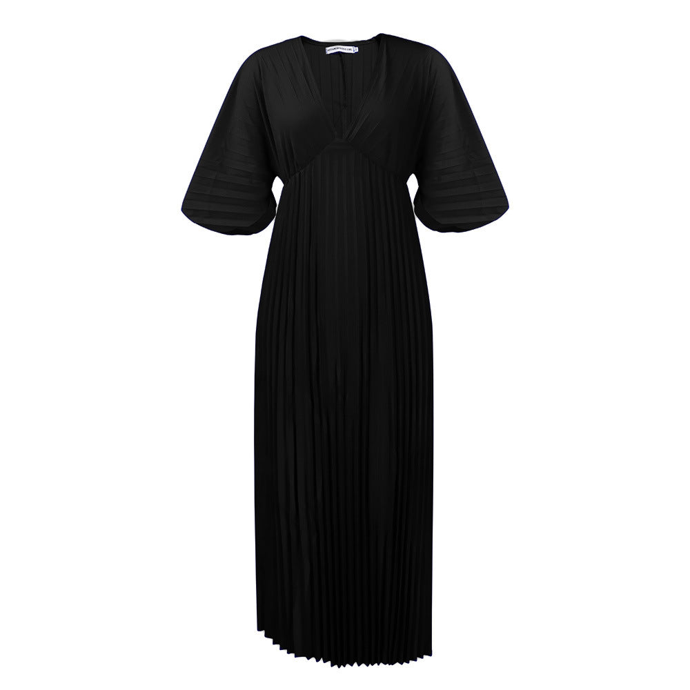 C8538  cross-border plus size women's summer european and american v-neck batwing sleeve loose casual pleated foreign trade dress