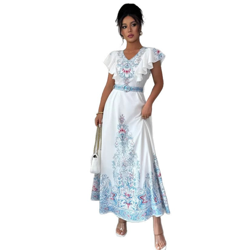 spring/summer court style stand collar double-breasted lantern sleeve printed maxi dress with lace trim