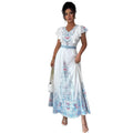 spring/summer court style stand collar double-breasted lantern sleeve printed maxi dress with lace trim
