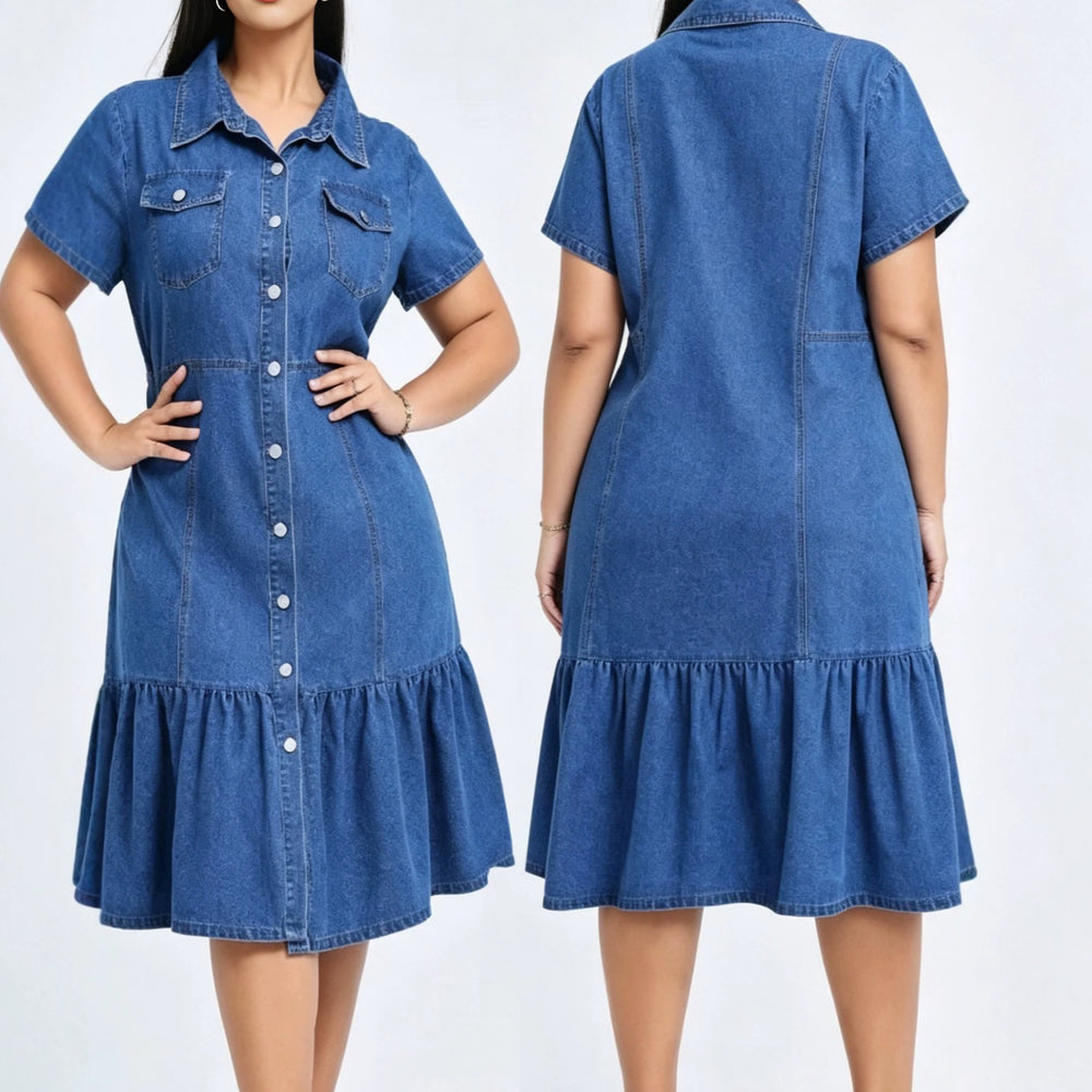 summer fashion cross-border  independent station short sleeve lapel casual style women's denim dress