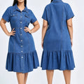 summer fashion cross-border  independent station short sleeve lapel casual style women's denim dress