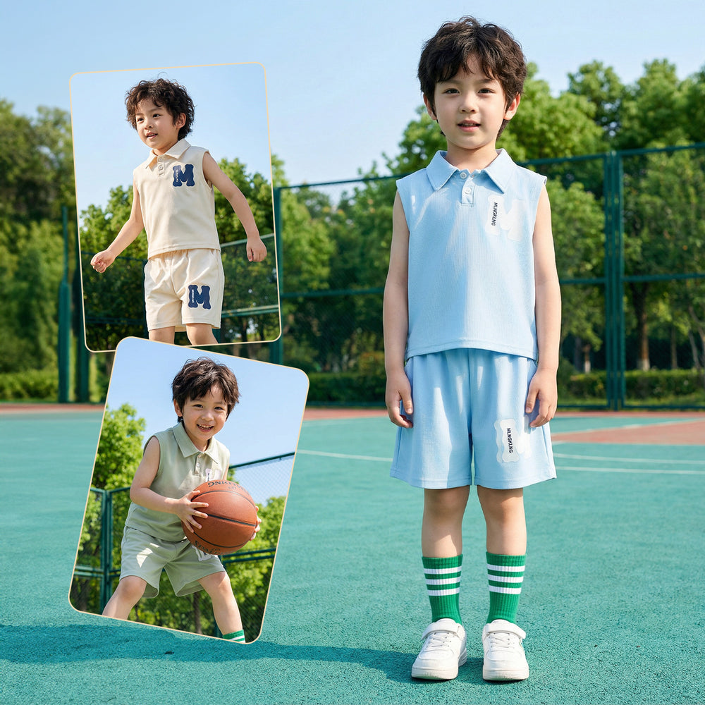 summer new boys' suit: breathable sleeveless top with turn-down collar design, stylish and casual two-piece set for kids