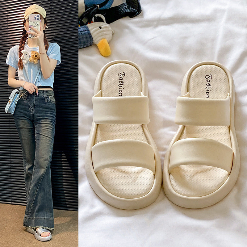 Stomping on shit feeling bread slippers for women summeroutwearnew arrivalclassy senseeasiest for matchheight-increasing one-line slippersthick sole double-strap sandals