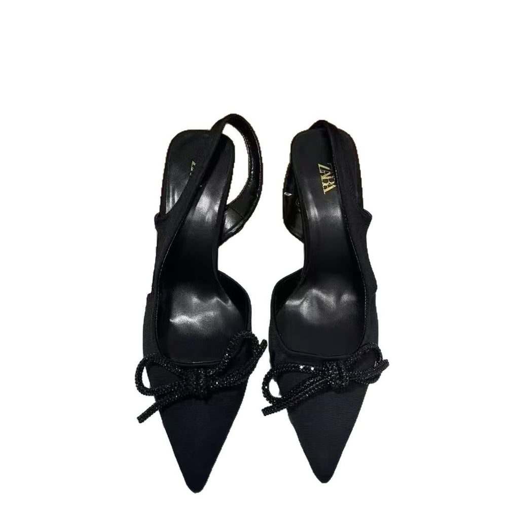 Za southeast asia 2024 new high heels black shiny bowknot slingback stiletto pointed toe pumps women's shoes