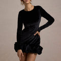 European and american women's clothing  autumn new fashion elegant velvet round neck three-dimensional pleated hem long sleeve dress