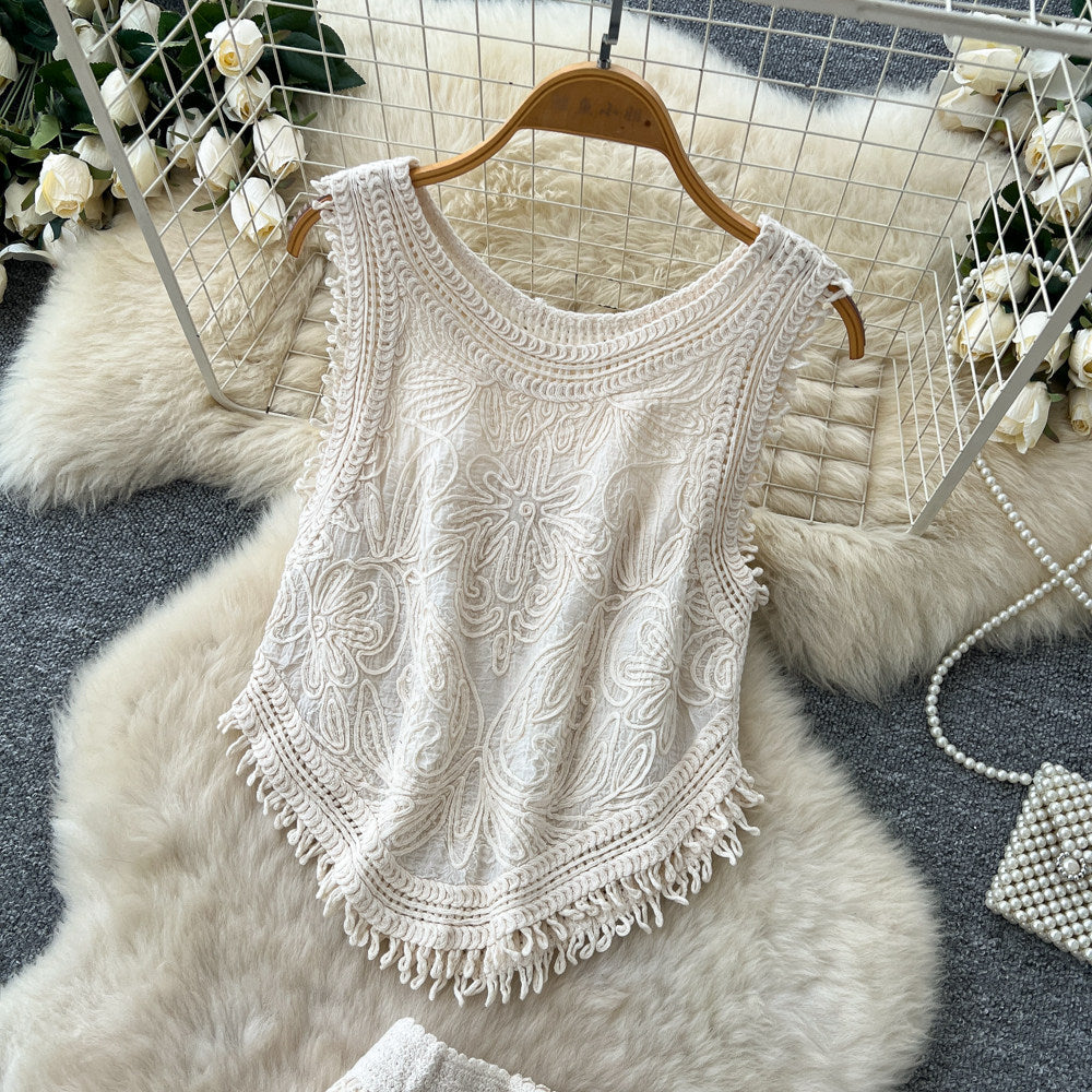 Hollow hook lace vest skirt two-piece set for women summer tassel slimming lookelegantsuit skirt