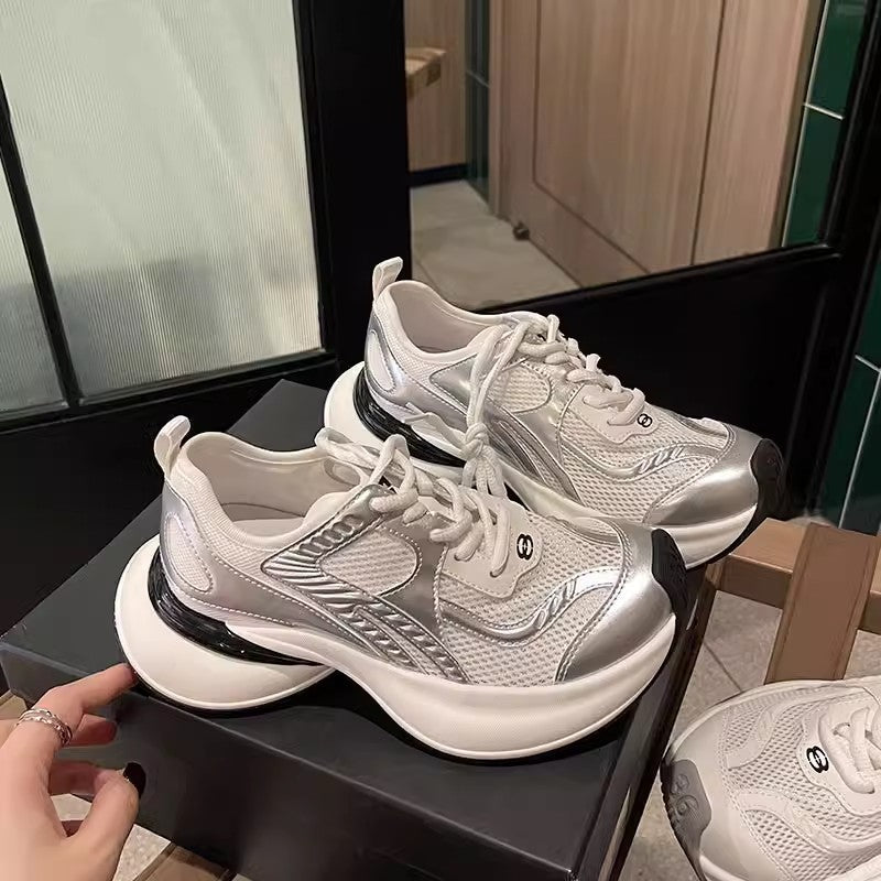 Spring chunky platform sneakers for women, 2026 new korean style, lightweight breathable mesh, fashionable casual running shoes