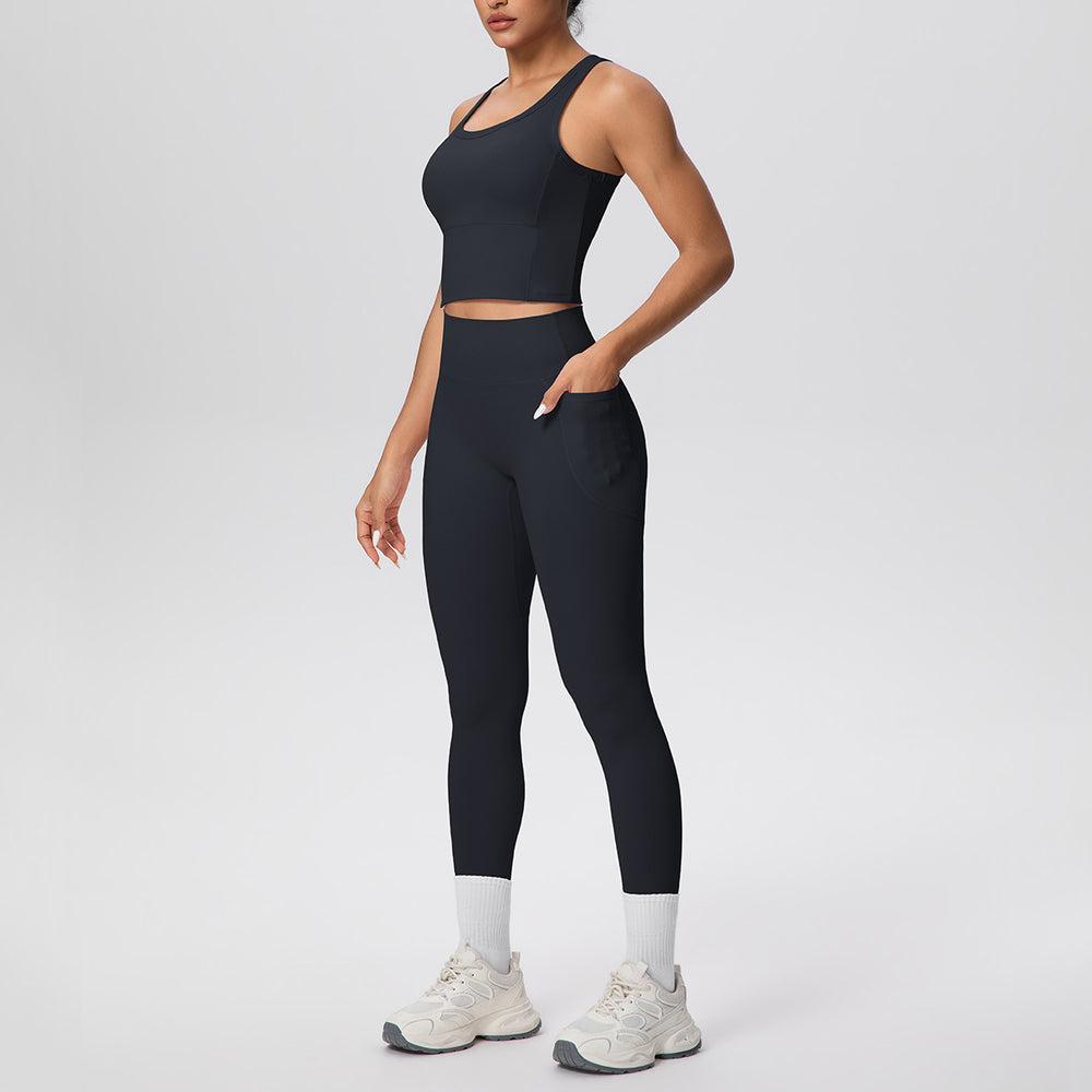 New arrival: cross-border double-sided brushed solid color breathable pocket long yoga outfit set - two-piece activewear for running and fitness