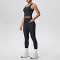 New arrival: cross-border double-sided brushed solid color breathable pocket long yoga outfit set - two-piece activewear for running and fitness