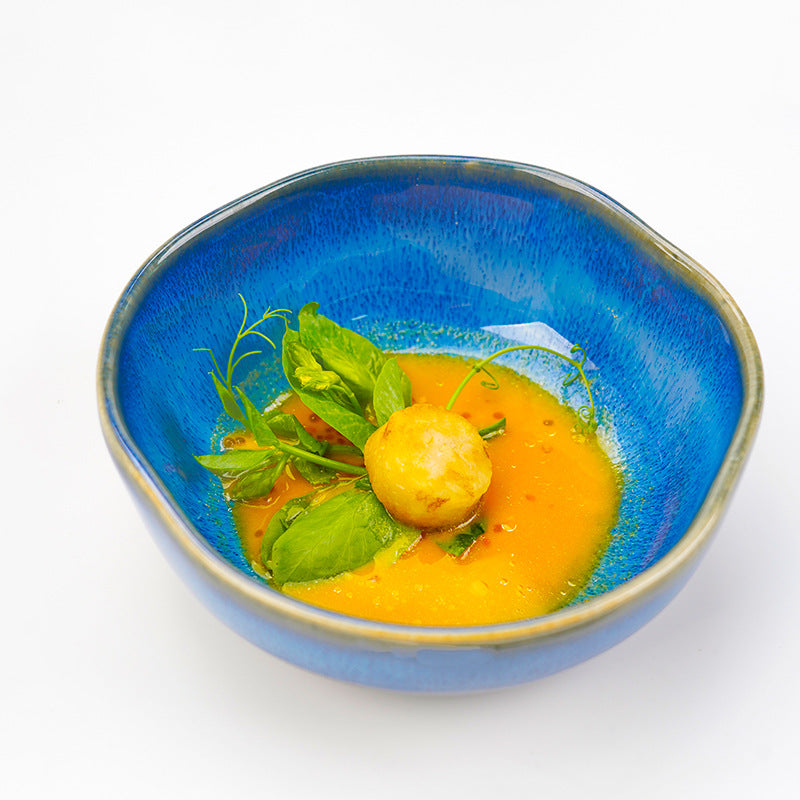 European style kiln turned blue ceramic salad bowl restaurant hotel special stylish vegetable soup bowl noodle bowl special-shaped ceramic bowl