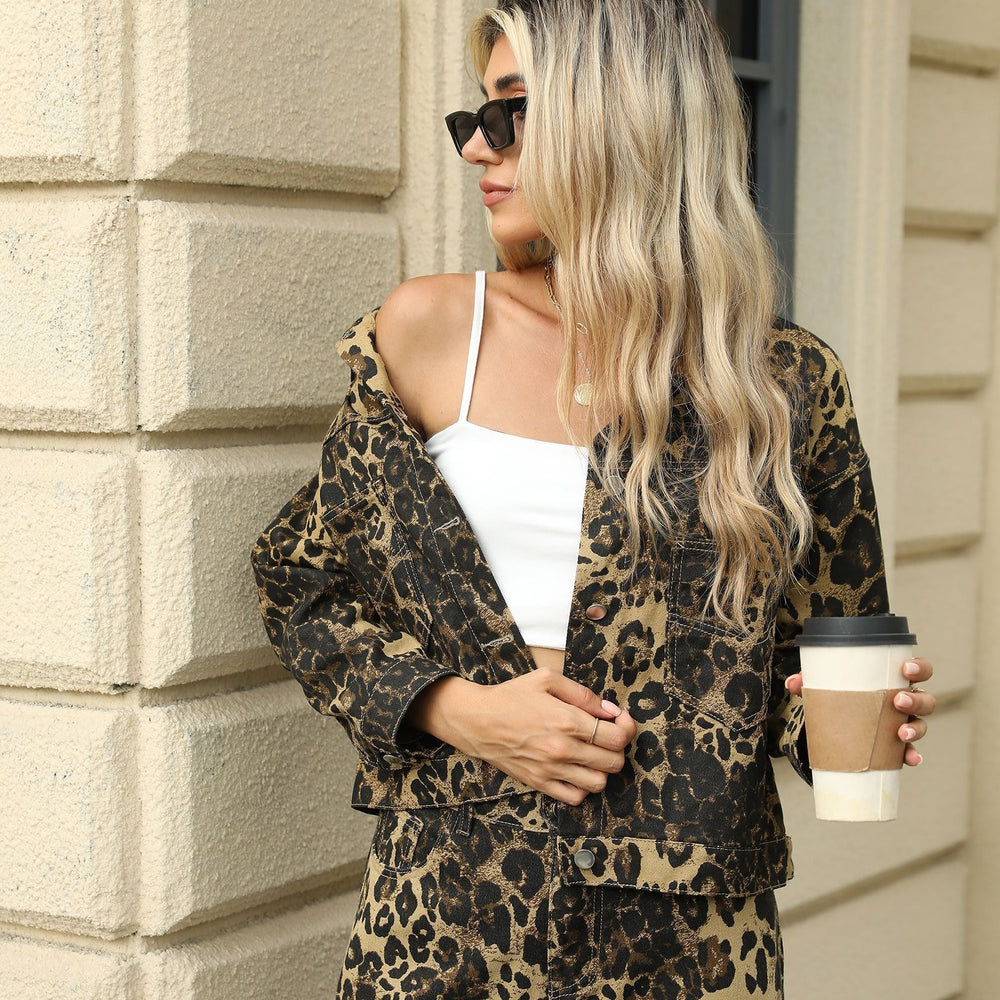 European and american cross-border e-commerce women's fashion: new washed leopard print denim jacket/outerwear for  and independent websites