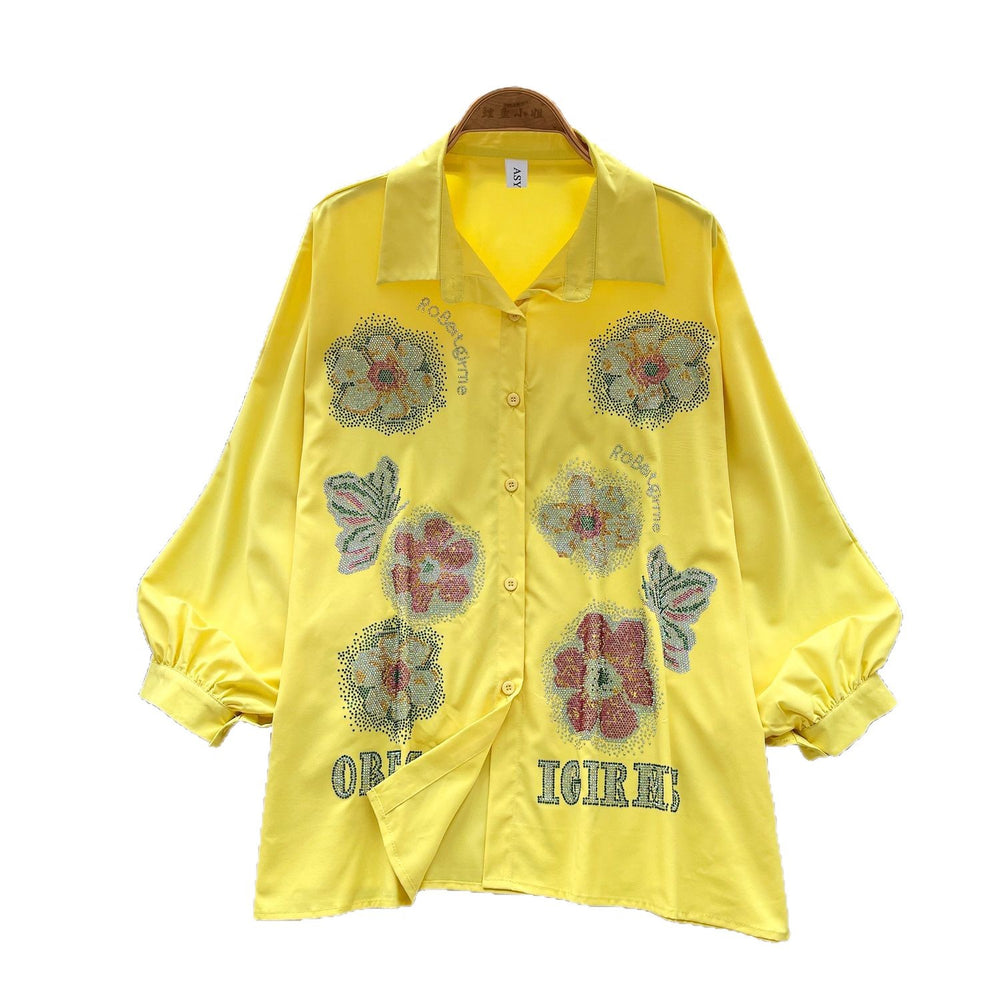 European and american lantern sleeve polo shirt for women - autumn loose fit, rhinestone embellished, designer style, mature and chic top