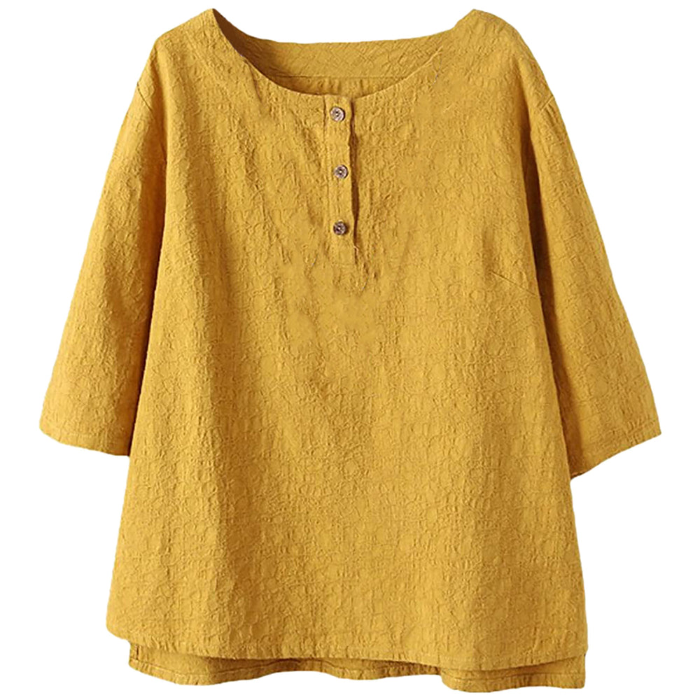 2025 cross-border amazon fashion women's round neck mid-sleeve solid color snap button cotton linen t-shirt - loose fit trendy brand