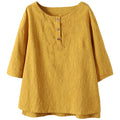 2025 cross-border amazon fashion women's round neck mid-sleeve solid color snap button cotton linen t-shirt - loose fit trendy brand