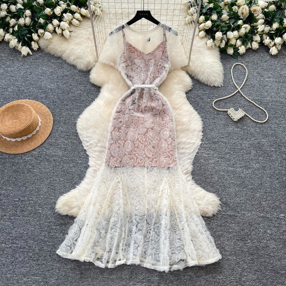 French romantic white lace camisole dress - women's summer high-waisted, slimming, elegant long dress