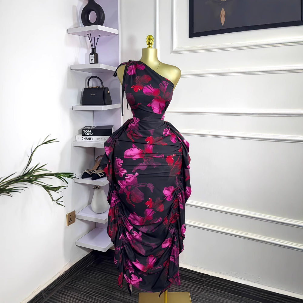 European and american cross-border women's fashion  summer new sleeveless one-shoulder asymmetrical neckline printed tie-up ruffle trim bodycon dress
