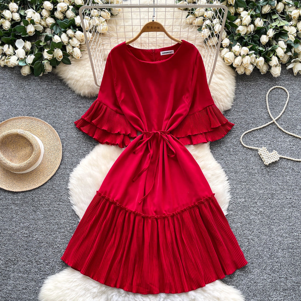 K-style lantern sleeve pleated short-sleeved dress women's spring strap waist pleated a-line skirt slimming lookwork clothing skirt