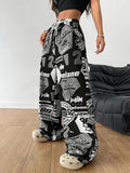 Ready-to-ship  spring/summer european and american women's fashion: new hot girl style pocket streetwear printed loose fit casual pants