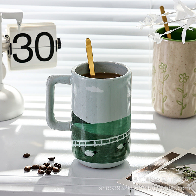 Nordic high-style ceramic cute cartoon creative painted mug - minimalist coffee cup with textured finish for modern home decor