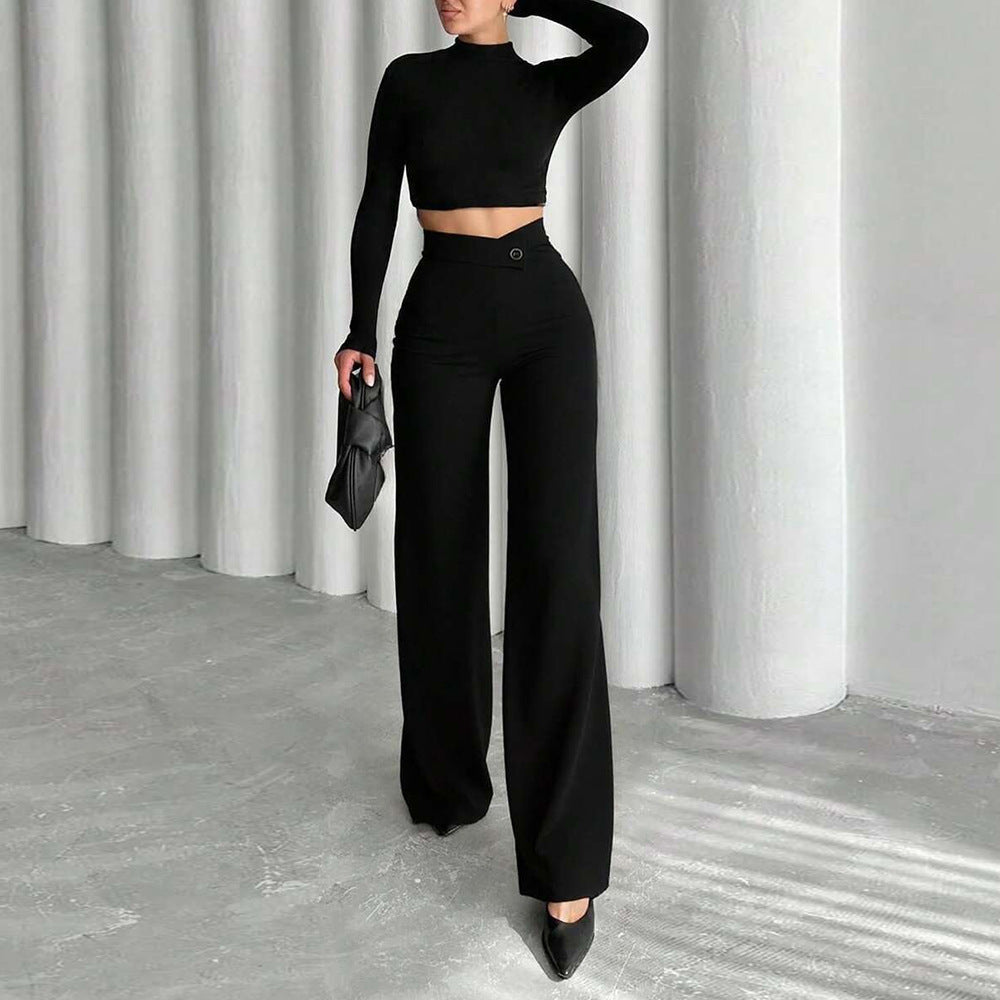 exportelegantwork clothinghigh waiststraight-leg pants women's spring & fallnew arrivaldrapedilmslimming look black suit pants