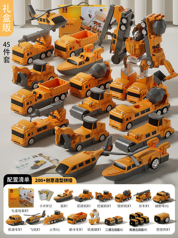 Kids' toy car set - construction vehicle transformation puzzle - fire truck included - perfect birthday gift for 3-4 year old boys