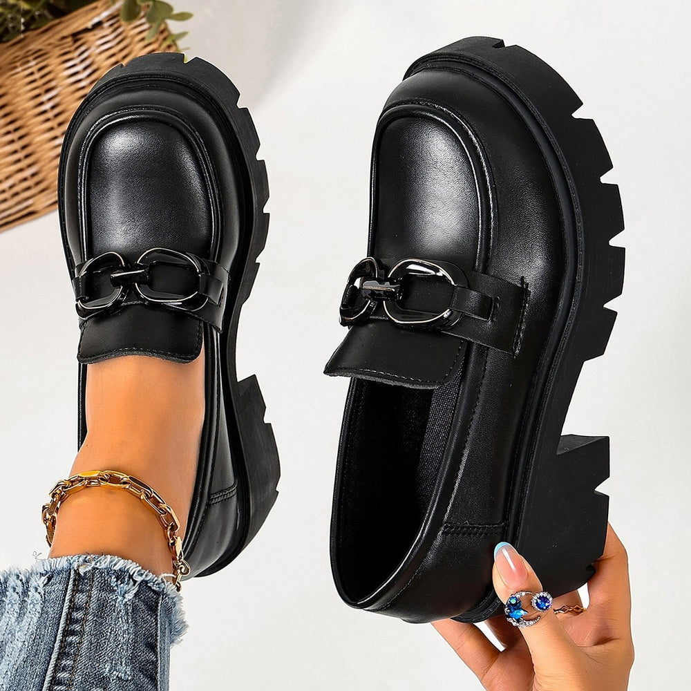 plus size high-heeled loafers  spring & fall new arrivalfashion metal chain thick sole slip-on leather shoes flats women